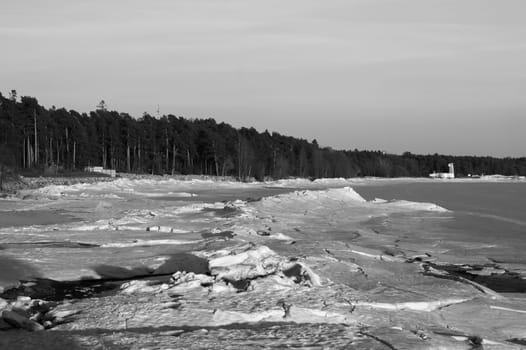 Frozen lake landscape. black and white nature background