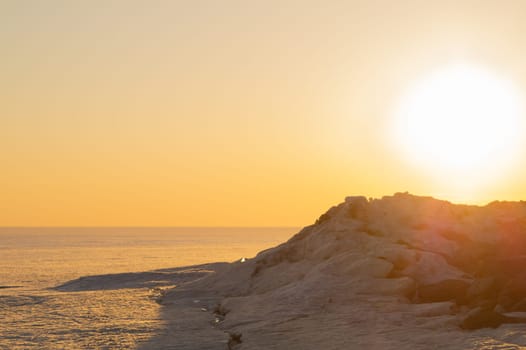 Frozen lake at sunset landscape background. horizon line