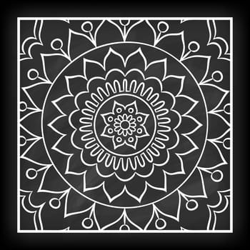 Doodle mandala flower on chalkboard. Outline floral design element. Coloring book pattern. Decorative round flower. Anti-stress therapy pattern on white background. Meditation poster. Vector illustration.