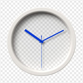 Realistic Wall Clock. Ten oclock am or pm. Transparent face. Blue hands. Ready to apply. Graphic element for documents, templates, posters, flyers. Vector illustration