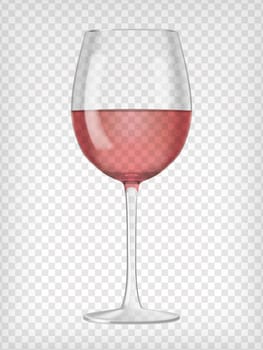 Realistic transparent wine glass filled with rose wine. Graphic design elements for advertisement, flyer, poster, web site, restaurant menu, scrapbooking. Vector illustration.