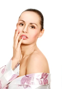Closeup portrait of beautiful young woman with perfect clean skin