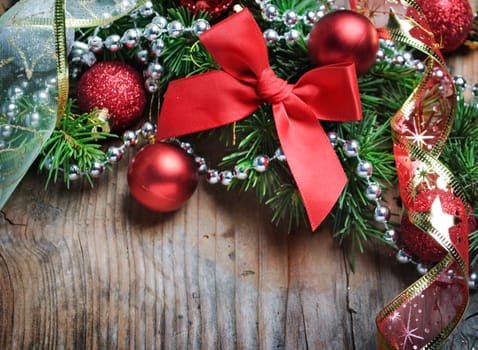 Christmas decoration on wooden plank