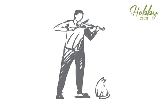Violinist concept sketch. Man playing violin. Amateur classical musician, Funny cute cat. Creating music at home. Unprofessional, self-taught music player. Isolated vector illustration