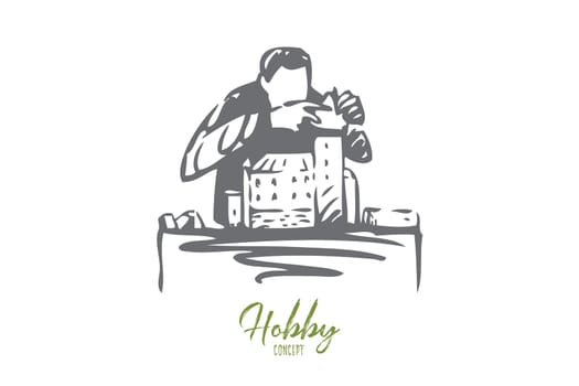 Architect concept sketch. Making models of architecture. Man scale modeling miniature castle replica. Creating, gluing small versions of famous buildings. Calm pastime. Isolated vector illustration