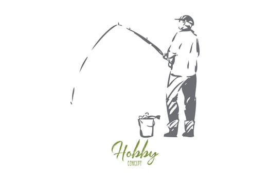 Fishery concept sketch. Man fishing on shore of river, lake. Quiet, relaxing pastime. Manly leisure activity. Fish laying in bucket. Early morning activity. Isolated vector illustration
