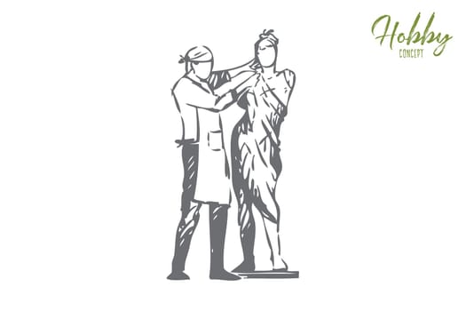 Sculpture concept sketch. Sculpting full scale woman statue. Sculptor creating masterpiece, artwork. Talented artist, creator. Clay molding human depiction. Isolated vector illustration