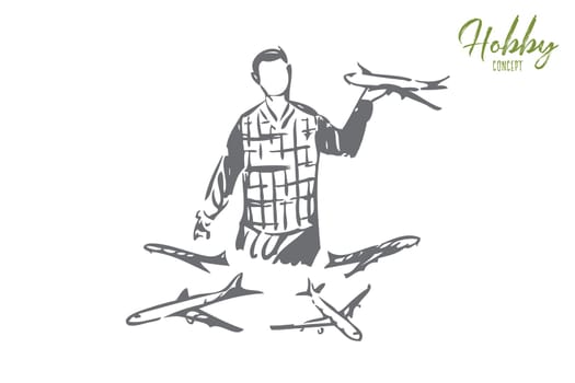 Collecting concept sketch. Gatheringplane models. Man holding miniature aircraft copy. Playing with toy airplanes. Gathering different kinds of planes in one collection. Isolated vector illustration
