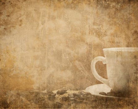 Vintage coffee background whith coffee cup and coffee beans
