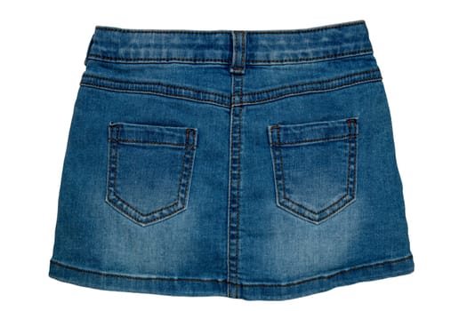 Jeans skirt. Close-up of sexy short blue jeans skirt with a elegant leather belt isolated on a white background. Clipping path. Denim fashion for girls. Back view.