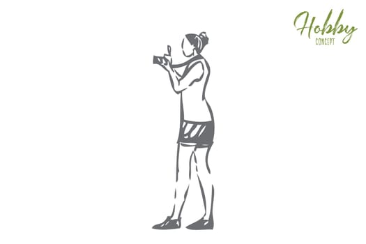 Photographer concept sketch. Photographing landscapes, landmarks. Amateur with camera. Taking pictures of different things, events. Creative pastime activity. Isolated vector illustration