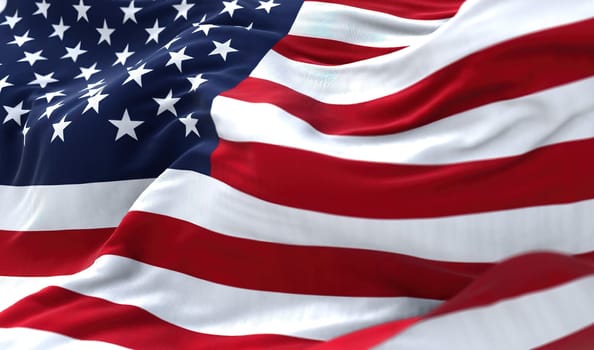 close up view of the american flag waving in the wind. Selective focus. Democracy, independence and election day. Patriotic symbol of American pride. Selective focus