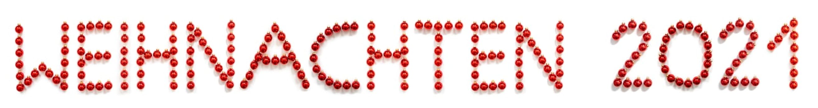 Red Christmas Ball Ornament Building German Word Weihnachten 2021 Means Christmas 2021. Festive Christmas Decoration. White Isolated Background