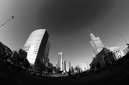 black and white photos of the center of Warsaw