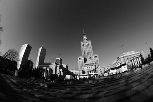 black and white photos of the center of Warsaw