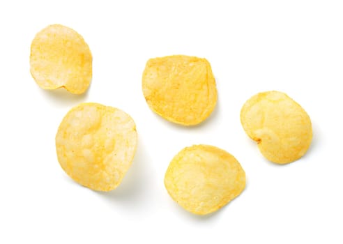 Potato chips isolated on white background. Top view
