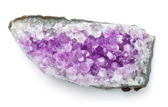 Amethyst crystal. Piece of purple mineral isolated over white background. Top view