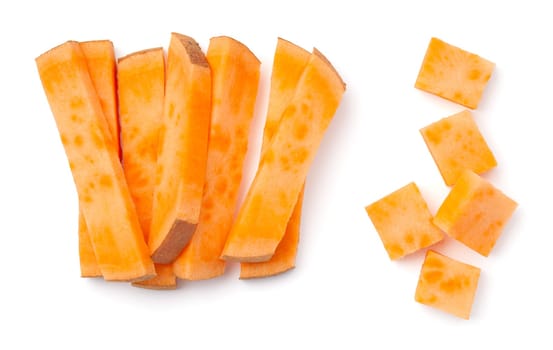 Sliced sweet potatoes. Raw fries and cubes isolated over white background. Top view. Flat lay
