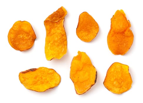 Set of sweet potato chips isolated on white background. Flat lay. Top view