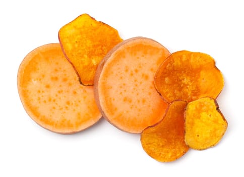 Sweet potato slices and chips isolated over white background. Flat lay, top view
