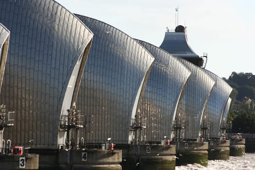The Thames flood barrier showing the symmetry of the piers
