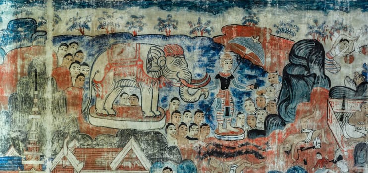 CHIANG MAI,THAILAND - OCTOBER 29, 2014 : Ancient Thai Lanna style mural painting of the life story of Buddha inside of Wat Buak Krok Luang in Chiang Mai, Thailand