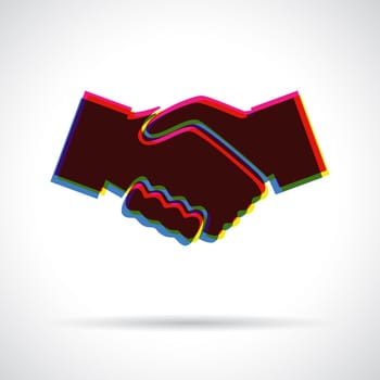 Hand shake icon in 3 intersecting colors creating black. Anaglyph 3d symbol with shadow