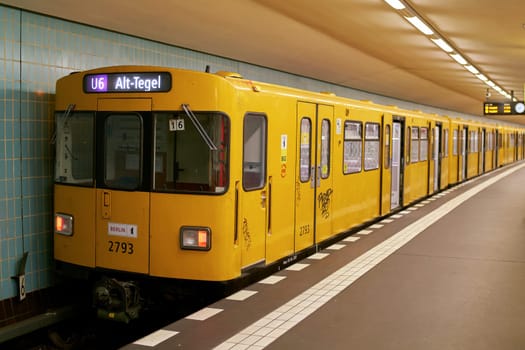 Subway of the BVG (Berliner Verkehrsbetriebe) to Alt-Tegel on a stop at the station Friedrichstraße