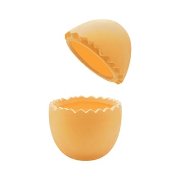 Open two half cracked large ceramic chicken egg, natural color, easter decoration isolated on white, standing, side view