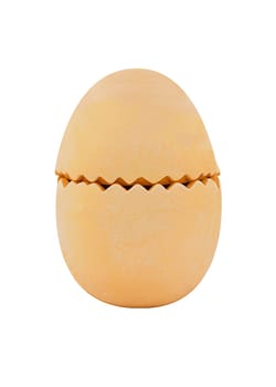 Closed one cracked large ceramic chicken egg, natural color, easter decoration isolated on white, standing, side view