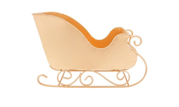 Golden color metal empty sleigh Santa Claus Christmas decoration classic shape, new, isolated on white, from the right side