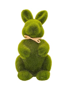 Big green sitting bunny easter decoration isolated on white, front view, made of fluffy grass, textured with bow