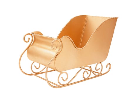 Golden color metal empty sleigh Santa Claus Christmas decoration classic shape, new, isolated on white, side and bottom view