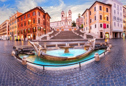 Fountain of the Boat at sunrise by the Spanish Steps, Rome, Italy.
