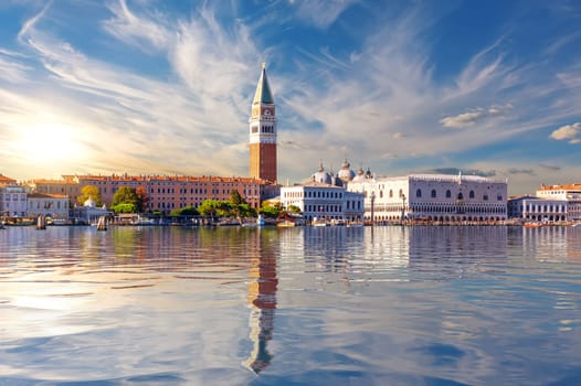 San Marco and Doge's Palace at sunset, view from the lagoon of Venice, Italy.