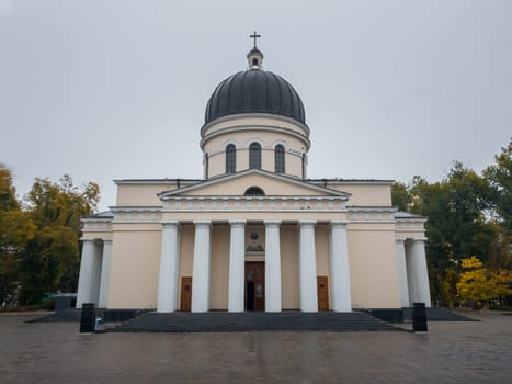 The Metropolitan Cathedral Nativity of the Lord, architectural centerpiece of Chisinau city, Moldova. Autumn season view in a rainy day