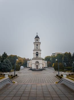 The bell tower near the Metropolitan Cathedral Nativity of the Lord in Chisinau, Moldova. Historical and architectural landmark of the capital city