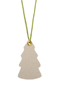 Christmas tree shaped tag on green string. Isolated on white.