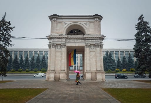 Triumphal Arch in front of the government building, Chisinau, Moldova. Historical landmarks of the capital city..