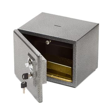 Opened safe with golden piece inside. Keeping the finances, money, gold safe concept. Isolated on white background