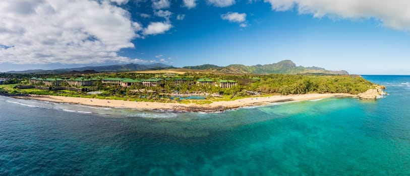 Koloa, Kauai - 2 February 2025: Panoramic aerial view of the Grand Hyatt Kauai and its picturesque beachfront location