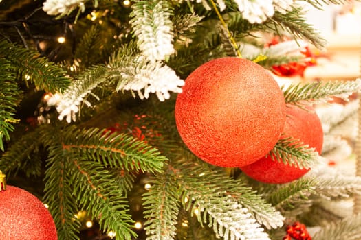 Red Christmas ball decoration hanging, spruce branch with copy space