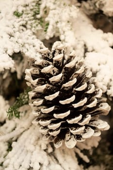 Christmas tree background and Christmas decorations with snow and cone decoration. Vertical image