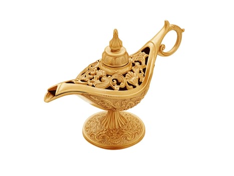 Golden color magic lamp in arabic oriental style isolated on white, top and side view