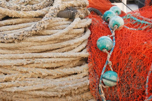 Fishing net and rope on the harbar, colorful image, fishing industry, mediterranean sea, port Tel Aviv Yafo, Israel