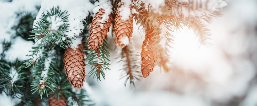 Closeup view of the fir branch with cones in sunlight in winter. Spruce tree with snow on the twigs.