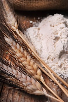 Wheat ears and flour sack on grunge wooden board