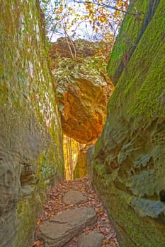 Looming Boulder Over a Narrow Path in Giant City State Park in Illinois
