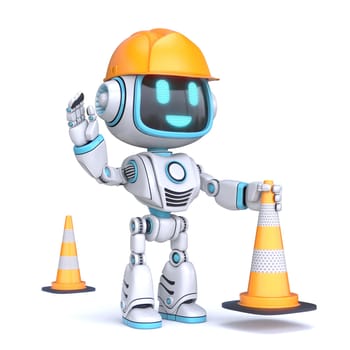 Cute blue robot hold traffic cone 3D rendering illustration isolated on white background