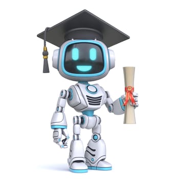 Cute blue robot with graduate hat and diploma 3D rendering illustration isolated on white background